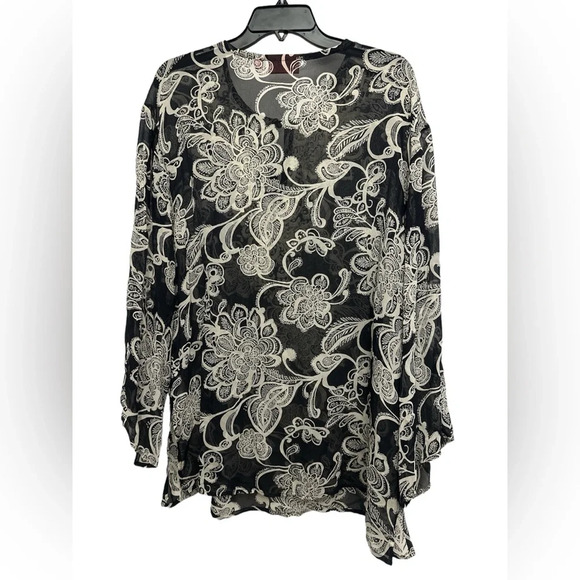 Oscar By Oscar De La Renta Silk Floral Tunic Embroidered Size 14 Black Sheer - Picture 2 of 5